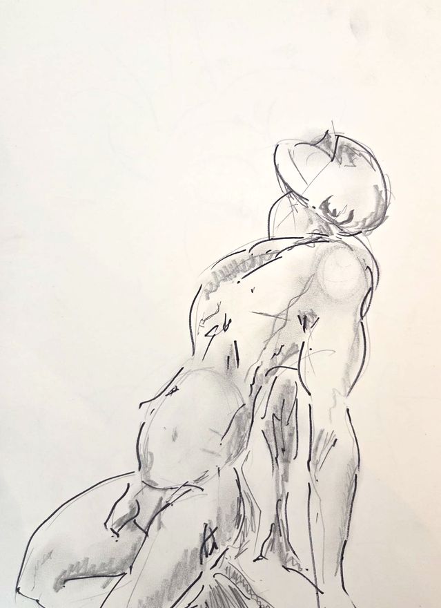 Life drawing of a standing or seated nude male figure, made from life in charcoal and ink.