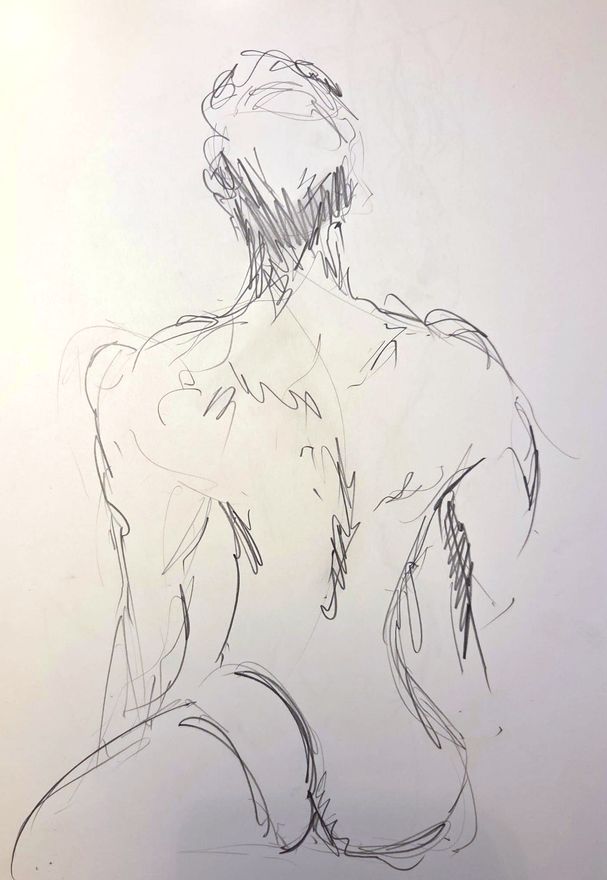 Life drawing of a standing or seated nude male figure, made from life in charcoal and ink.