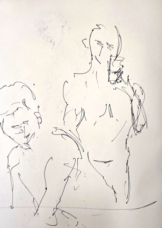 Life drawing of a standing or seated nude male figure, made from life in a sparse ink contour.
