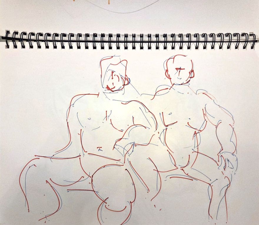 Life drawing of a reclining nude male figure, made from life in ink with pastel and gouache.