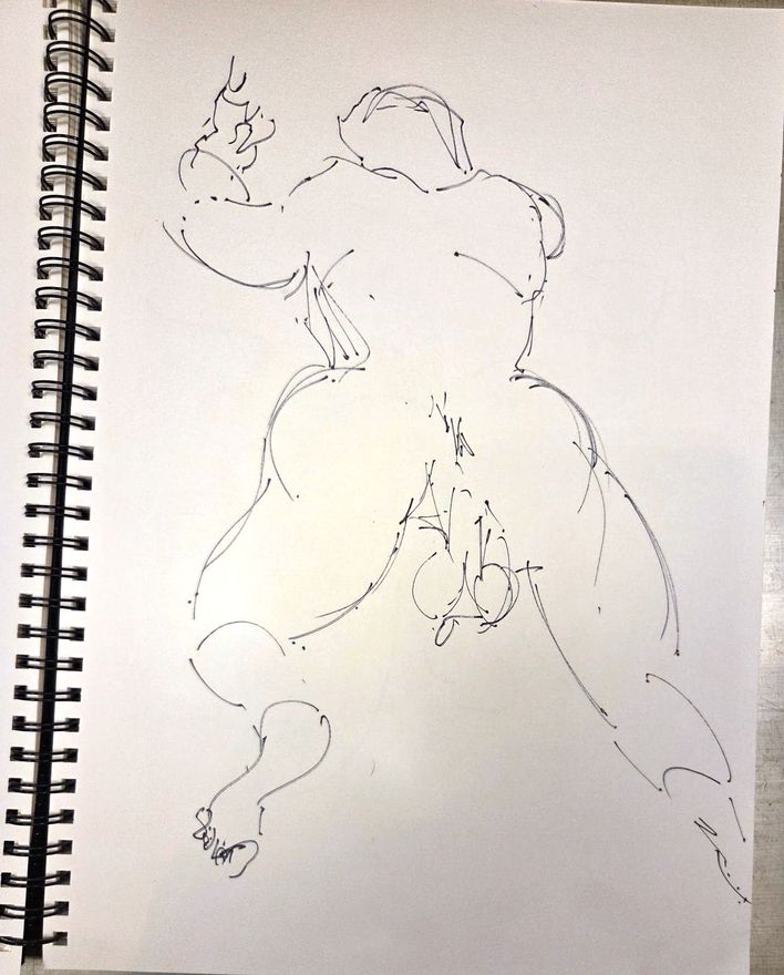 Life drawing of a standing or seated nude male figure, made from life in charcoal and ink.